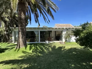 Whitewashed single-storey house with a large lawn and palm trees at Villa Almar in Tarifa