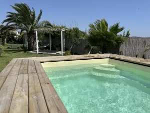 Private pool with wooden deck, palm trees and pergola at Villa Almar in Tarifa