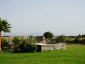 Wide lawn garden with open countryside and mountain views at Villa Almar in Tarifa