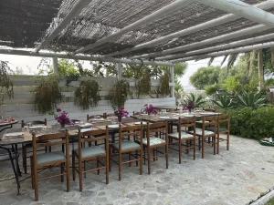 Long outdoor dining table for large groups under a reed pergola at Villa Almar in Tarifa
